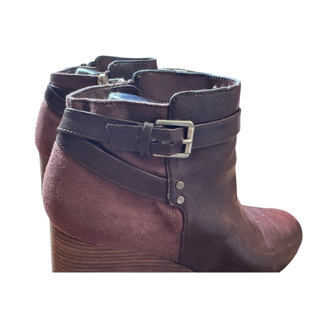 Dr. Scholl's Wedge Ankle Boots Women 7M Brown Leather Suede Buckle Double Bootie - Picture 3 of 9